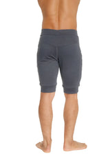 Gray cuffed yoga shorts with soft texture elastic waistband and ribbed cuffs for comfortable athletic wear
