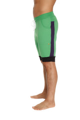 Cuffed yoga short in green with purple side stripe black trim and white drawstrings ideal for athletic wear