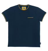 Navy blue cultura t-shirt with yellow trim on collar sleeve cuffs and chest pocket in short sleeves cotton blend