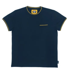 Navy blue cultura t-shirt with yellow trim on collar sleeve cuffs and chest pocket in short sleeves cotton blend
