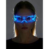 Blue led visor cyberpunk light up glasses with glowing futuristic design and intricate patterns for cosplay and events
