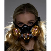 Black cyberpunk light up mask with gold-colored filters and pink accents designed for futuristic style and protection