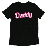 Black short-sleeved cotton t-shirt with bold pink and white daddy lettering across the chest from daddy doll collection