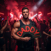 Man at festival holding Daftboy Lit Daddy black bamboo fan open with bold red neon DADDY lettering, cinematic moody neon glow