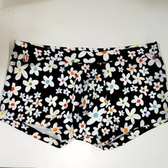 Black briefs daisy sq cut with vibrant white daisies and colorful blue orange and red centers pattern