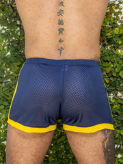 Little boy blue design dan shorts navy blue and yellow mesh athletic shorts with perforated design