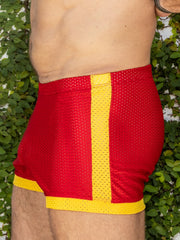 Red and yellow mesh little boy blue design dan shorts with bold vertical stripe down the center for athletic use