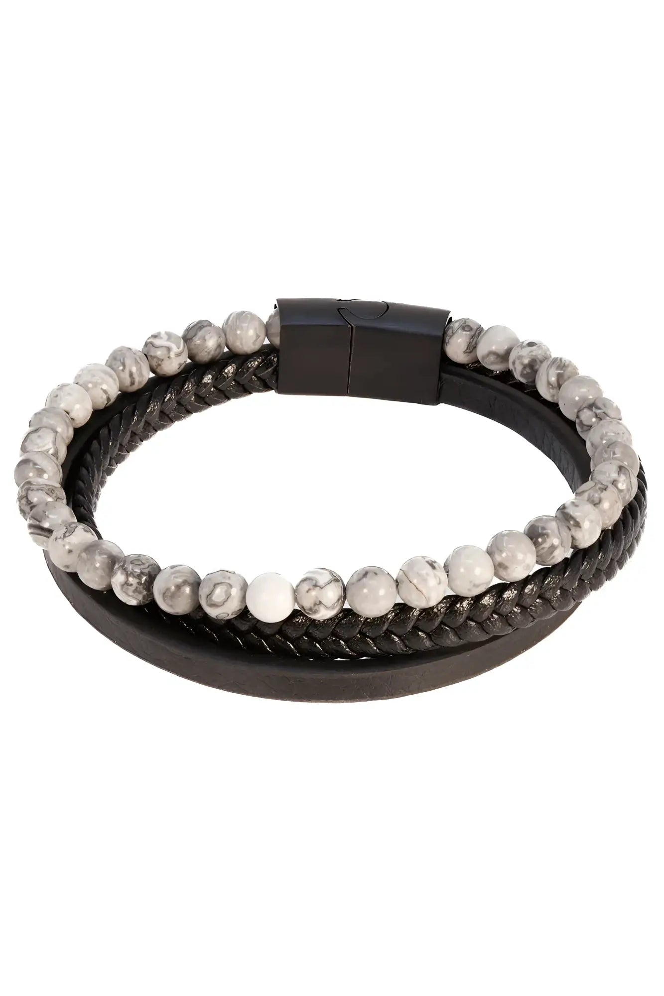 Dandyish fancy bracelet featuring a black braided leather band with magnetic clasp and gray marbled stone beads