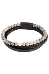 Dandyish fancy bracelet featuring a black braided leather band with magnetic clasp and gray marbled stone beads
