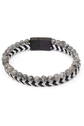 Daper fad bracelet featuring black and gray marbled stone beads woven with black and white chevron cord and magnetic clasp