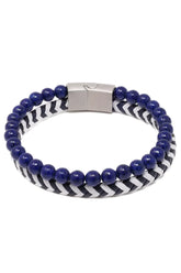 Navy blue beaded daper fad bracelet with black and white chevron woven band and silver rectangular clasp