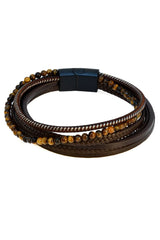 Dapper last word bracelet brown leather multi strand with tiger eye beads and black magnetic clasp