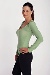 A fitted long sleeve deep scoop neck hoodie top in bamboo green with subtle sheen and side seam detailing