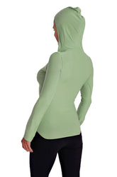 A light green bamboo green deep scoop neck long sleeve hoodie top with fitted silhouette and subtle seam detailing