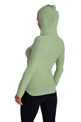 A light green bamboo green deep scoop neck long sleeve hoodie top with fitted silhouette and subtle seam detailing