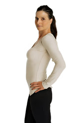 Beige long-sleeved maternity top with a deep scoop neckline and subtle seam detailing in soft fabric