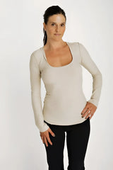 Beige long-sleeved fitted top with square neckline ideal for casual wear in sand beige shade