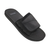 Black defender slide slip-on sandal with wide velcro strap and perforated footbed for comfortable wear
