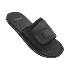 Black defender slide slip-on sandal with wide velcro strap and perforated footbed for comfortable wear