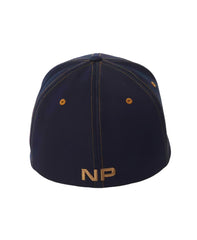 Dark blue denim baseball cap with gold stitching and embroidered np logo shown from the back side in denim snout 2-tone cap