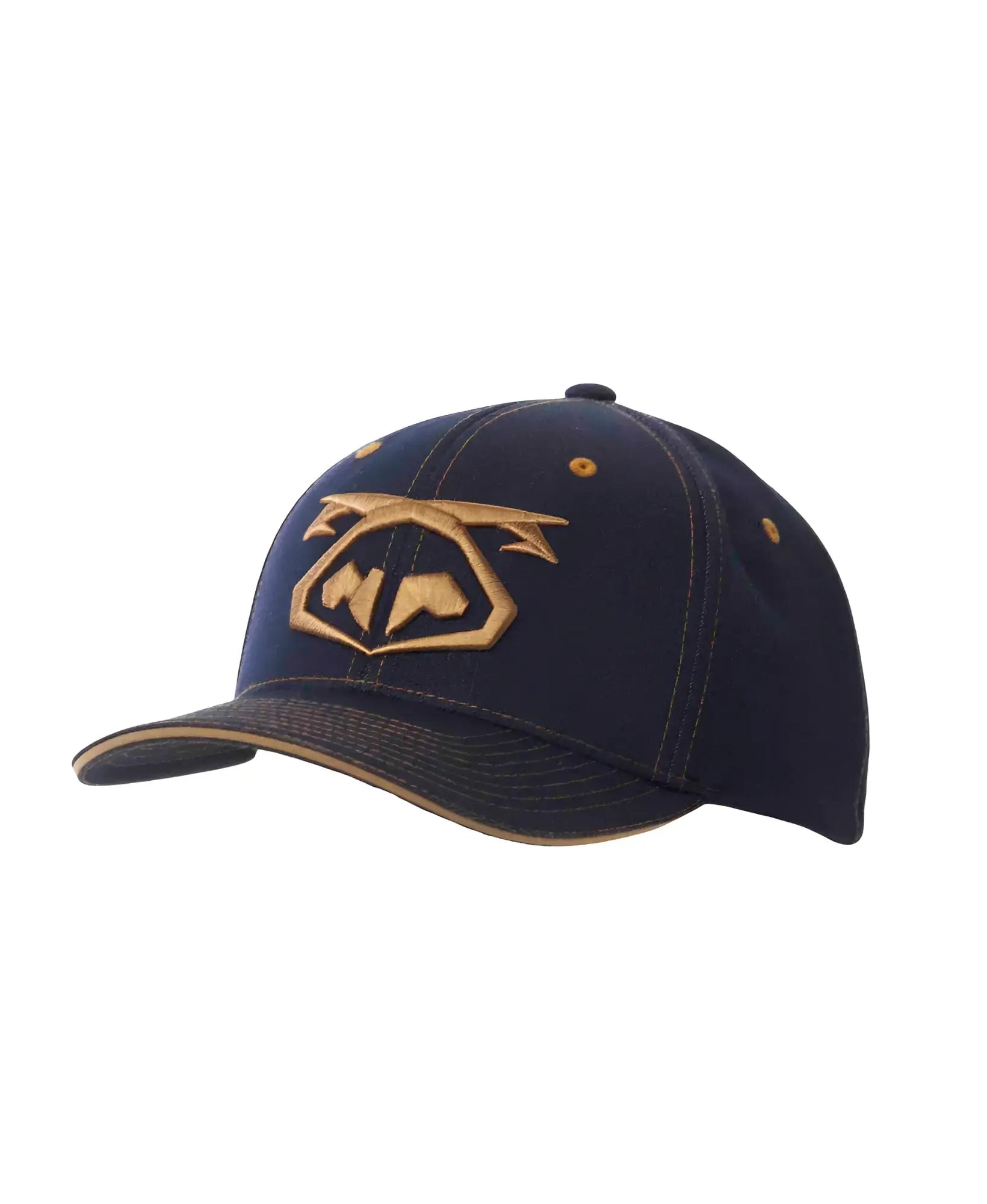 Dark blue denim snout 2-tone baseball cap with gold embroidered logo and matching gold stitching on the brim