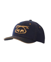 Dark blue denim snout 2-tone baseball cap with gold embroidered logo and matching gold stitching on the brim