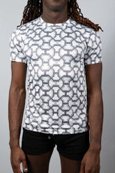 Designer inspired print tee white short-sleeved rash guard with black and gray geometric chain-link pattern