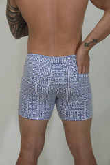 Designer print linen texture shorts in blue and white geometric pattern swim trunks for beachwear