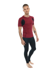 A men’s red and black designer raglan crew-neck performance tee with a form-fitting design and short sleeves