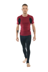 Red and black athletic compression raglan crew neck tee with short sleeves designed for performance and comfort