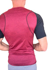 Designer raglan crew-neck tee with brick maroon and black sleeves heathered texture and contrasting shoulder seams