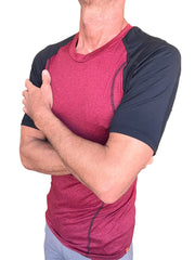 Designer raglan crew neck tee brick with black raglan sleeves and subtle seam detailing for athletic wear