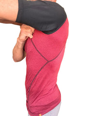 Designer raglan crew-neck tee in brick red heathered fabric with black sleeve panel and stitching details