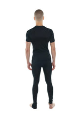 Black short-sleeved compression shirt and matching leggings set with raglan crew neck in carbon black