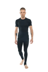 Black short-sleeved compression base layer set with raglan crew-neck in carbon black for athletic performance