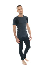 Dark gray and black designer raglan crew-neck tee with textured fabric panels paired with fitted performance leggings