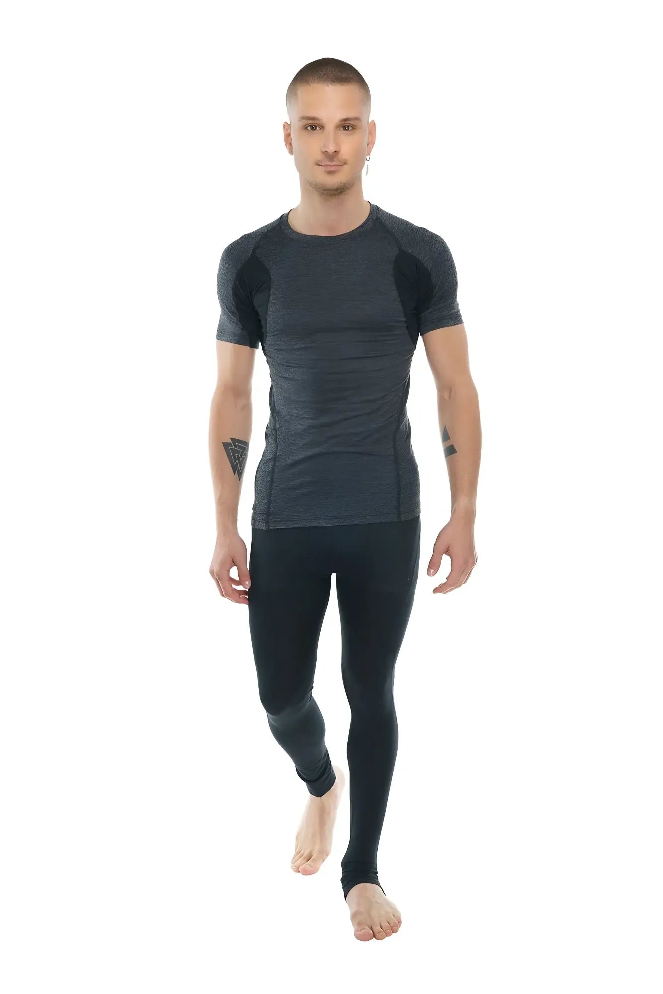 Dark gray performance short sleeve designer raglan crew neck tee with black shoulder panels in charcoal and black accents