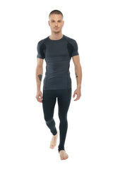 Dark gray performance short sleeve designer raglan crew neck tee with black shoulder panels in charcoal and black accents
