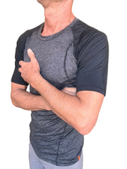 A men’s designer raglan crew-neck tee with heathered gray torso and black sleeves with subtle seam detailing