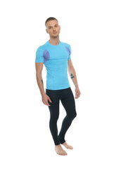 Designer raglan crew-neck tee in light blue with lavender shoulder accents short-sleeved athletic shirt