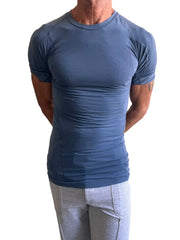 Designer raglan crew-neck tee in denim blue featuring a fitted short-sleeved athletic design with raglan sleeves and seam detailing