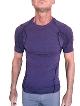 Designer raglan crew-neck tee in eggplant purple with black seam detailing and compression fit for active wear