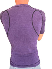 Designer raglan crew-neck tee in eggplant purple with purple heathered compression fabric and black seam detailing