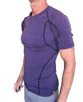 Designer raglan crew-neck tee in eggplant purple with black seam detailing and short sleeves for athletic wear