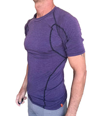 Designer raglan crew-neck tee in eggplant purple with black seam detailing and short sleeves for athletic wear