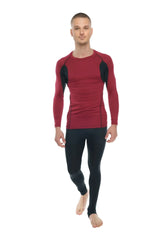 Designer raglan crew-neck long-sleeve tee in brick and black featuring contrasting shoulder panels and compression fit