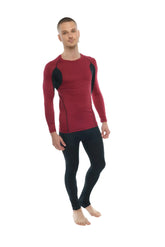Red long-sleeved designer raglan crew-neck athletic base layer with black shoulder panels for active wear