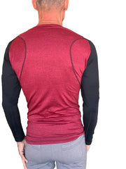 Men’s designer raglan crew-neck long sleeve shirt in heathered maroon with black sleeves and subtle seam detailing