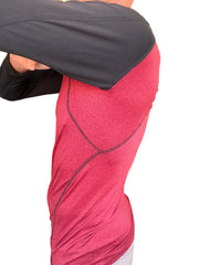 Red and black designer raglan crew-neck long sleeve tee with textured fabric and reinforced seams