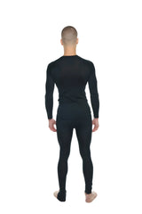 Black long-sleeved full-body compression suit designed as a carbon black raglan crew-neck tee alternative